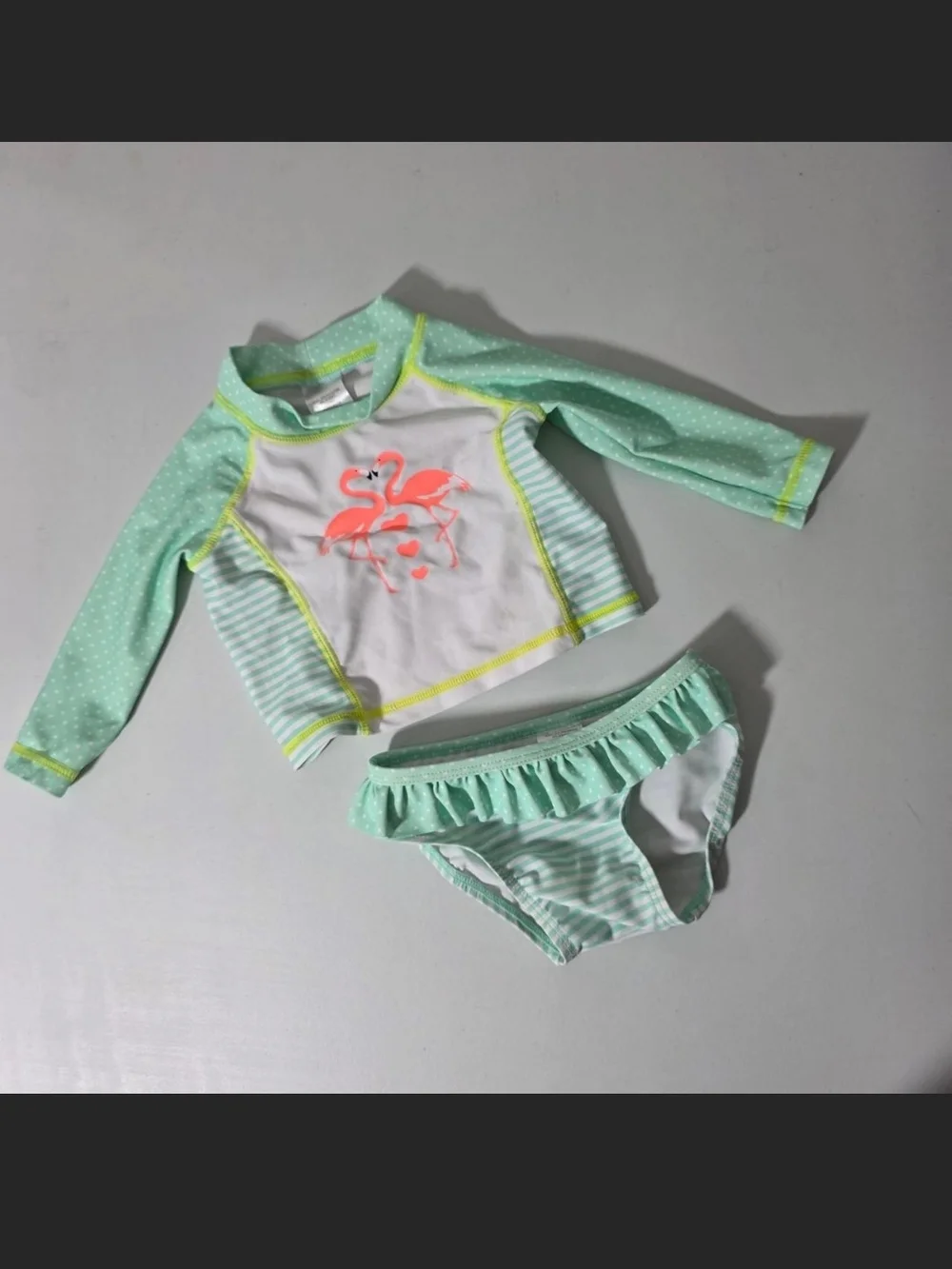 Kids Mint Flamingo Rash Guard Swim Set - Long Sleeve Top & Ruffle Bottom